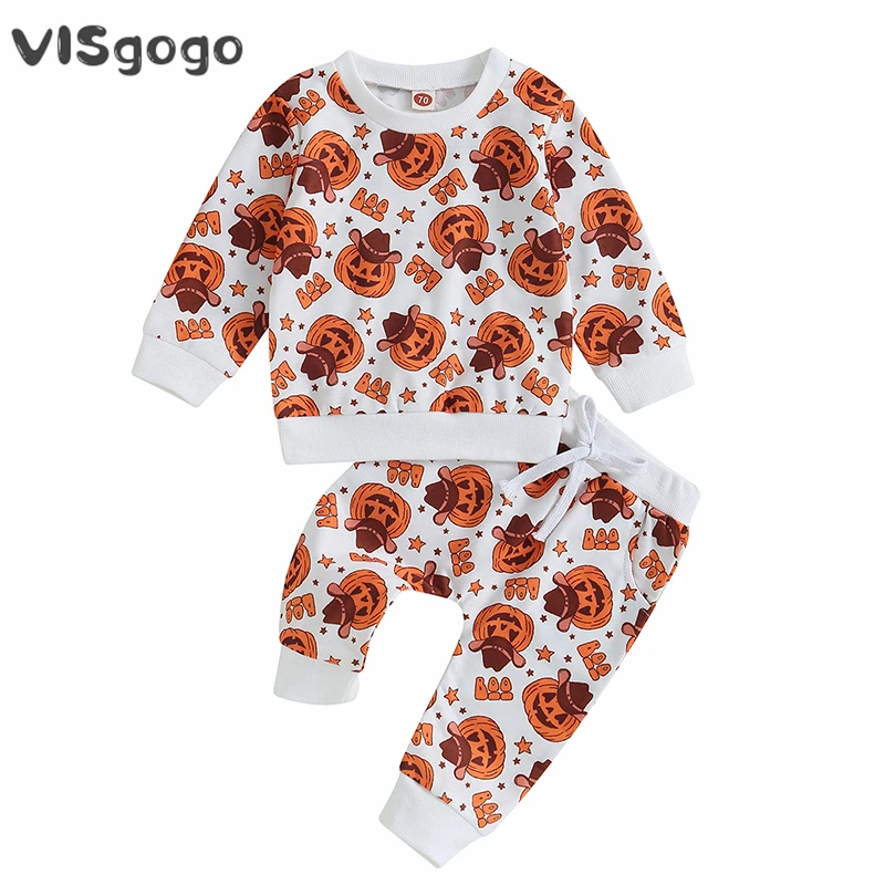 

VISgogo Infant Baby Halloween 2Pcs Outfit Pumpkin Print Long Sleeve Crewneck Sweatshirt Tops Long Pants Fall Winter Clothes