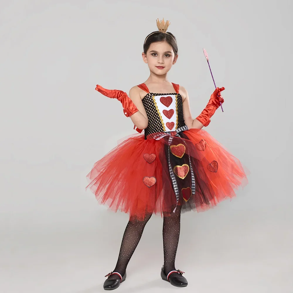Ragazze Red Queen Of Hearts Costumi Ragazze Alice Nel Paese Delle Meraviglie Fancy Dress Kids Carnival Halloween Outfit Con Crown Magic Stick