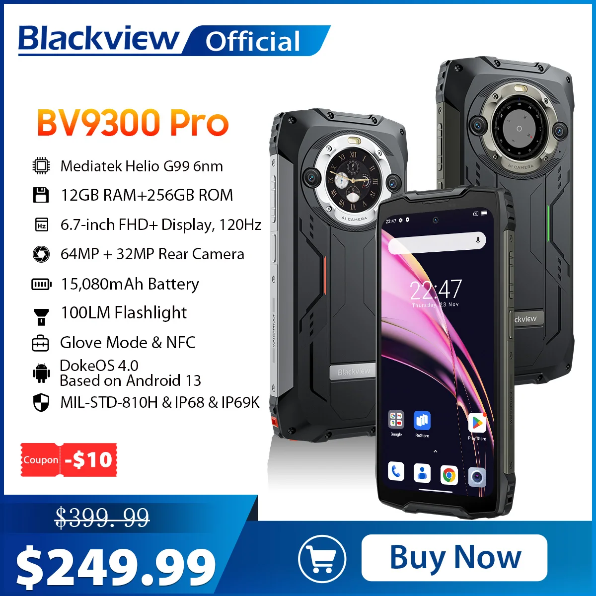 Blackview BV9300 Smartphone Resistente(Linterna 100LM), Batería