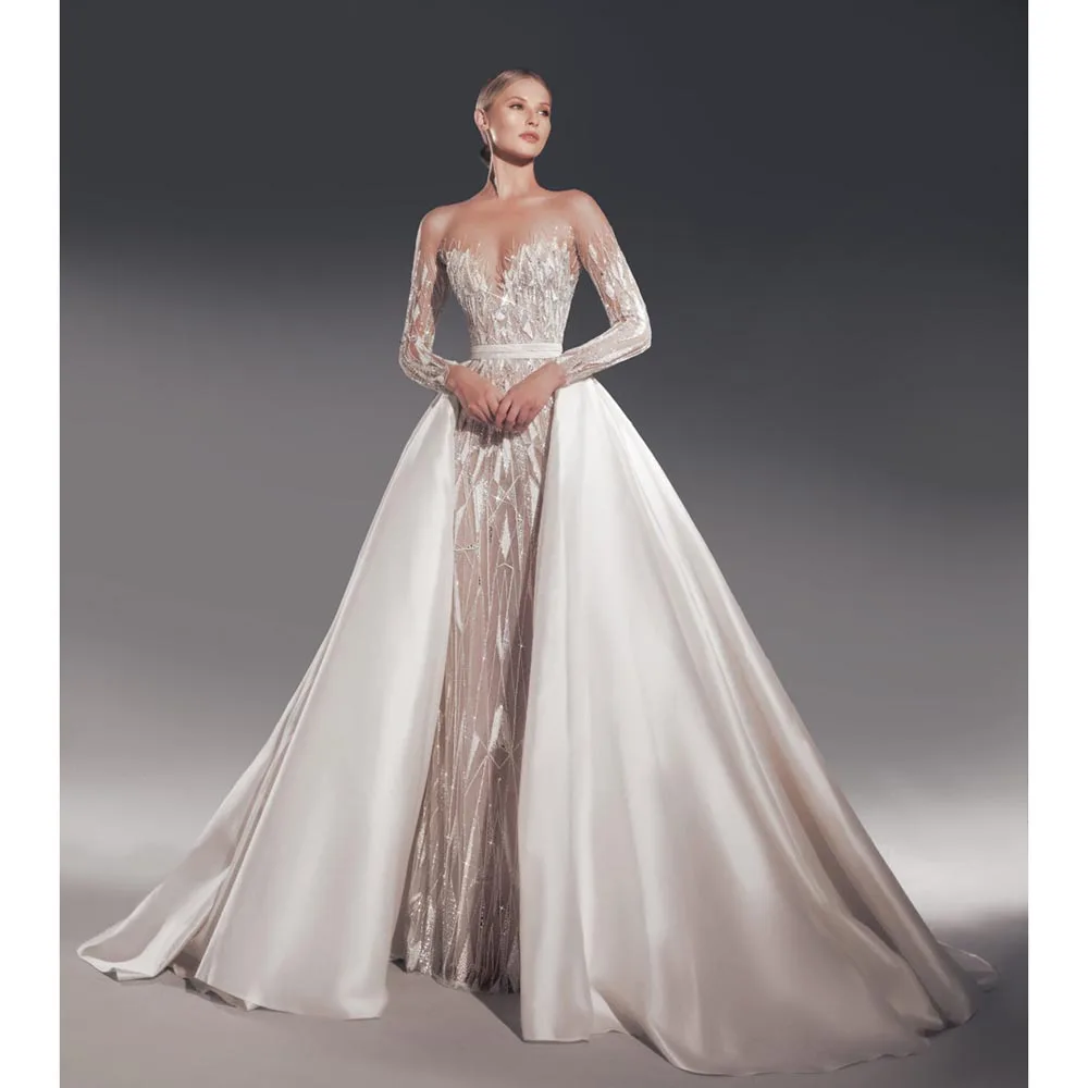 Luxury Beading Sequined Bride Dress with Detachable Tail Fashion Sweetheart Long Sleeves Sweep Train Mermaid Gowns Wedding Dress
