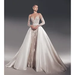 Luxury Beading Sequined Bride Dress with Detachable Tail Fashion Sweetheart Long Sleeves Sweep Train Mermaid Gowns Wedding Dress