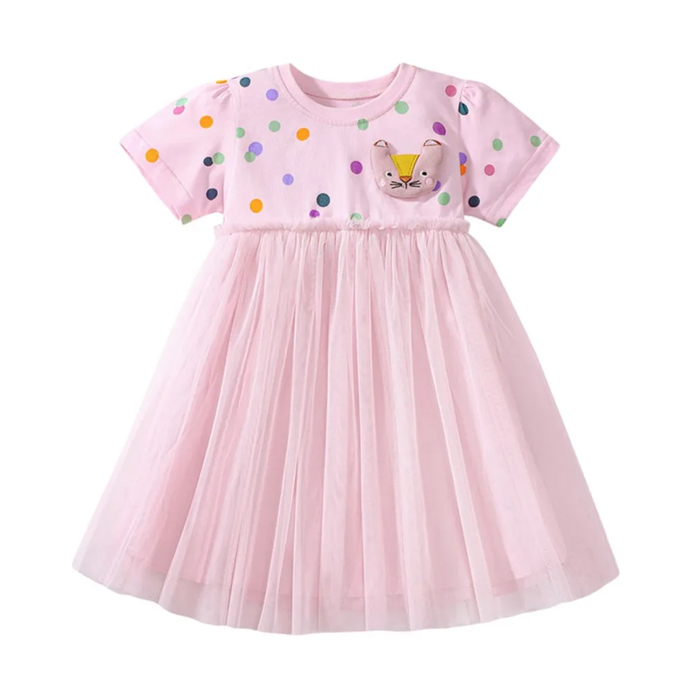 2025 Summer New Kids Clothes Baby Girls Children's Clothing Pink Embroidered Cartoon Cats Mesh Dresses 2-7 Years