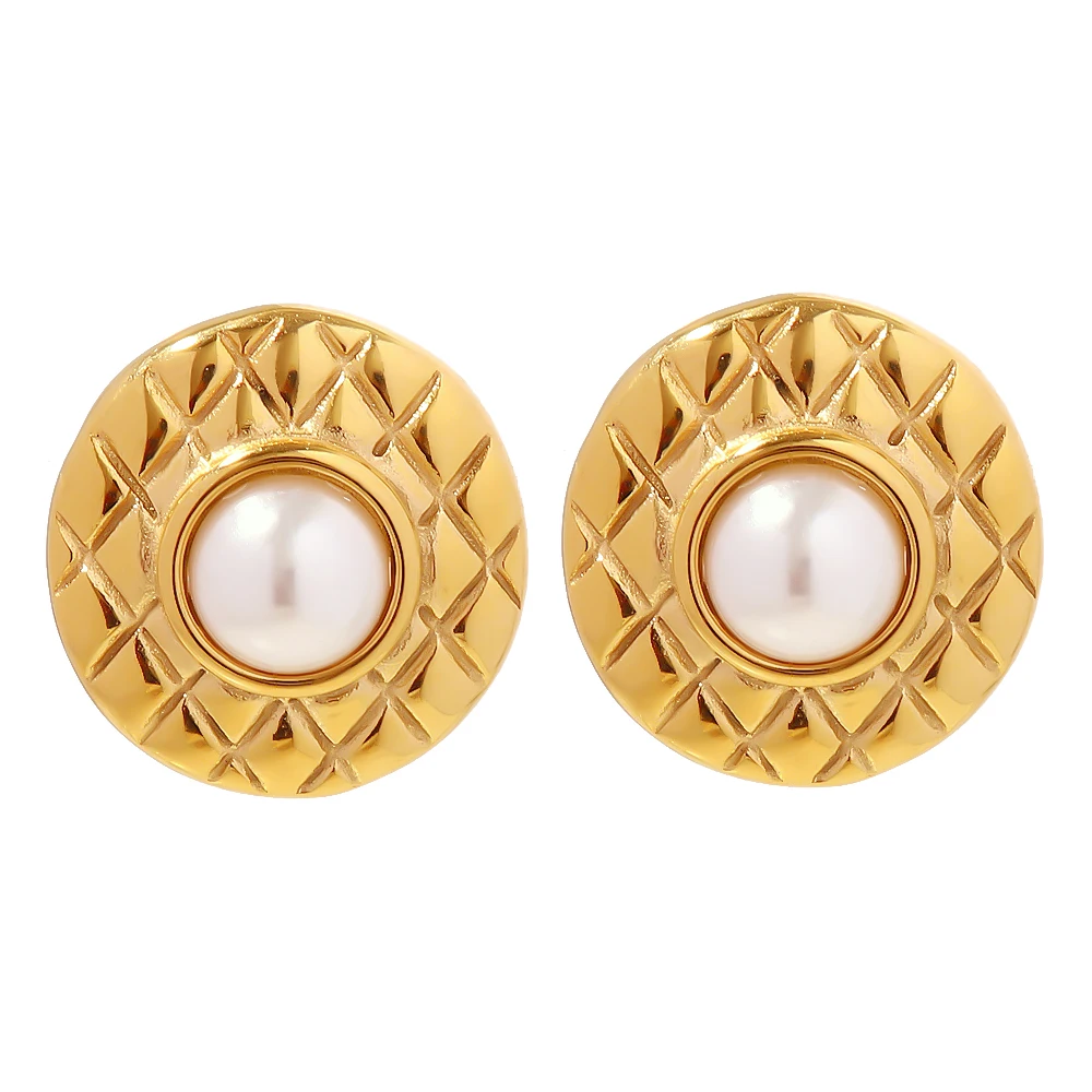 Youthway Trendy Diamond Pattern Pearl Stud Earrings Temperament Fashion  Charm 18k Gold Color Texture Statement Jewelry