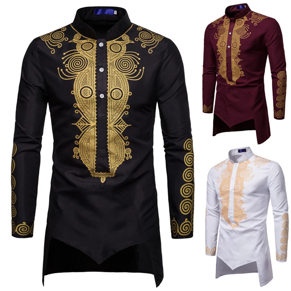 

Summer Men's Shirts Long-Sleeved Bronzing Printing Robe Tops Middle Eastern Style Muslim Robes Personality Mid-Length Clothing