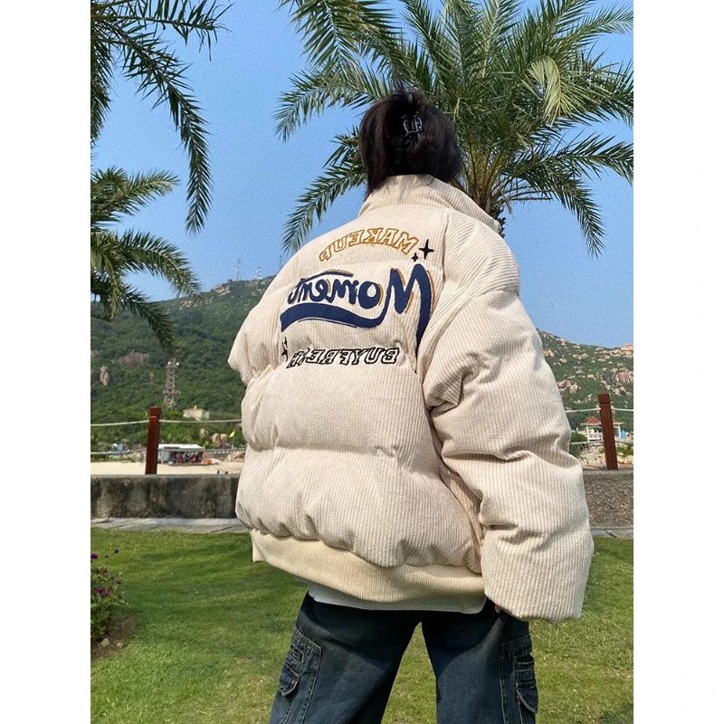 

American vintage embroidered corduroy jacket male and female students winter loose padded padded jacket