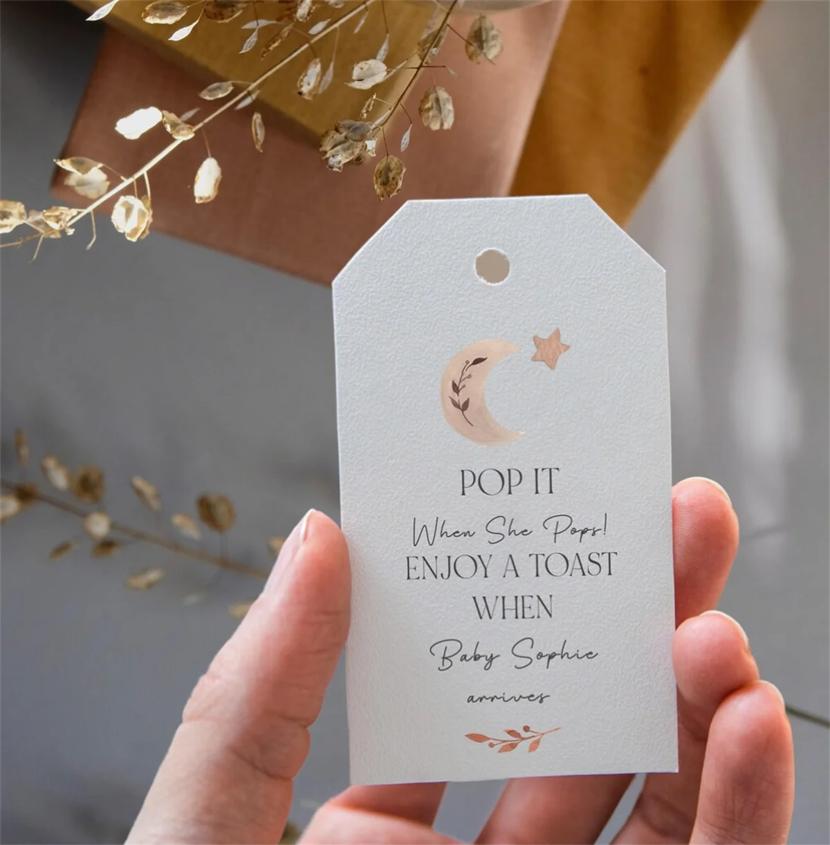 50 Pezzi Personalizzati Pop It Quando Si Apre Baby Shower Favour Tag-Boho Moon And Stars Baby Shower Tag-Size Large 5X8.5Cm