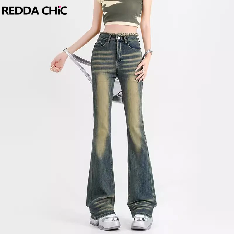 

REDDACHiC Vintage Green Wash Flare Jeans Women High Rise Raw Hem Slim Fit Distressed Whiskers Bootcut Denim Pants Y2k Streetwear