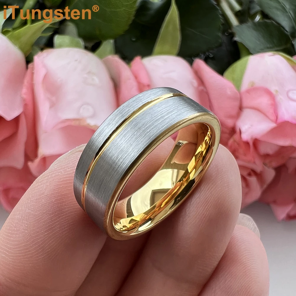 iTungsten 8mm Dropshipping Black Men Ring Women Tungsten Wedding Band Offset Groove Brush Finish Excellent Quality Comfort Fit