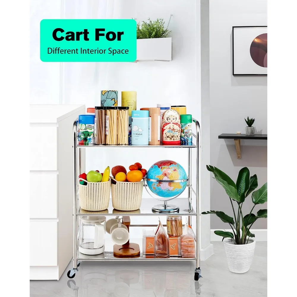 Stainless Steel Cart with Wheels 3 Tier,Stainless Steel Kitchen Cart,Stainless Steel Utility Cart,Metal Cart with Wheels 4