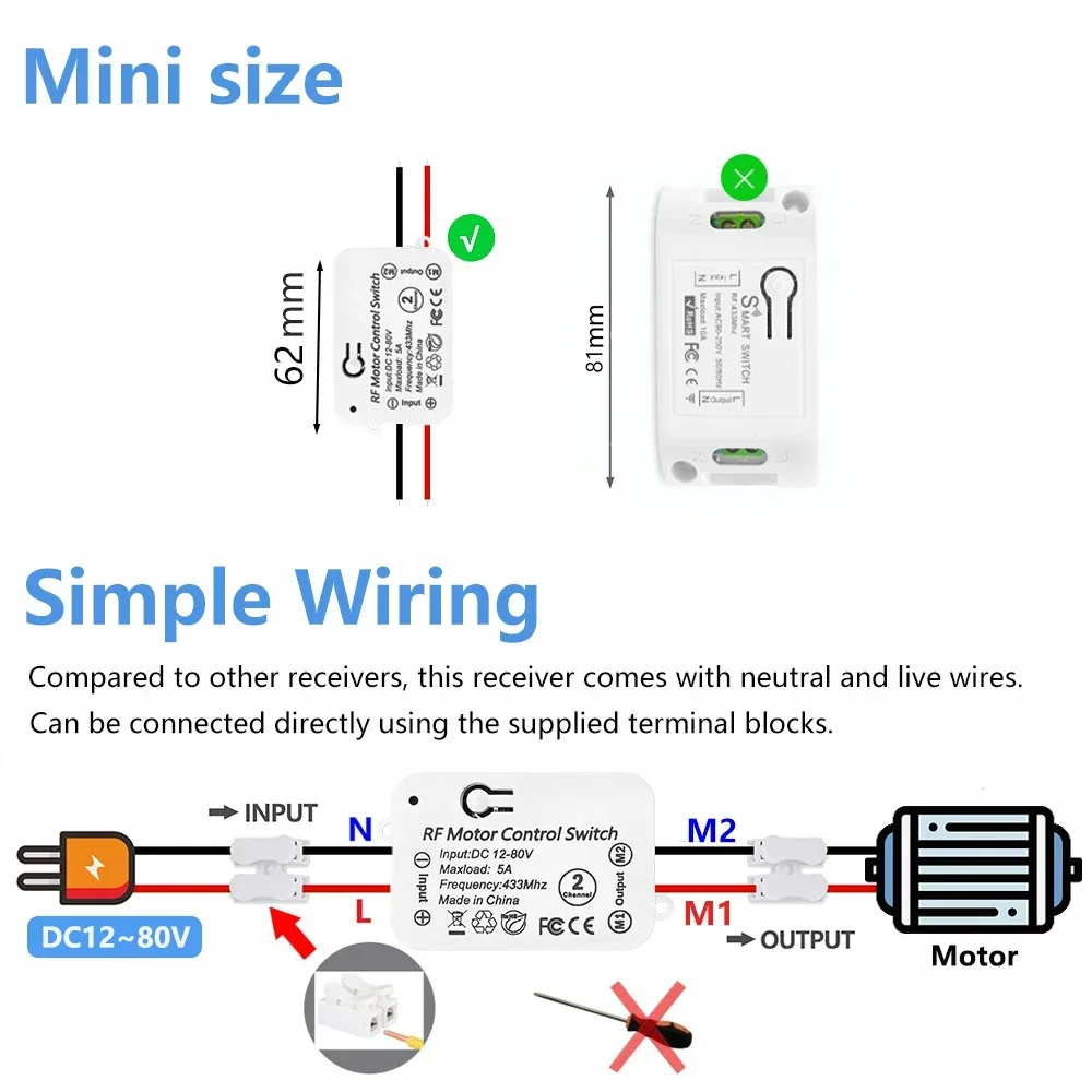 RF433mhz 범용 무선 원격 제어 DC12V 24V 수신기 지능형 제어 전기 액세스 제어 자동차 회로 램프 모터