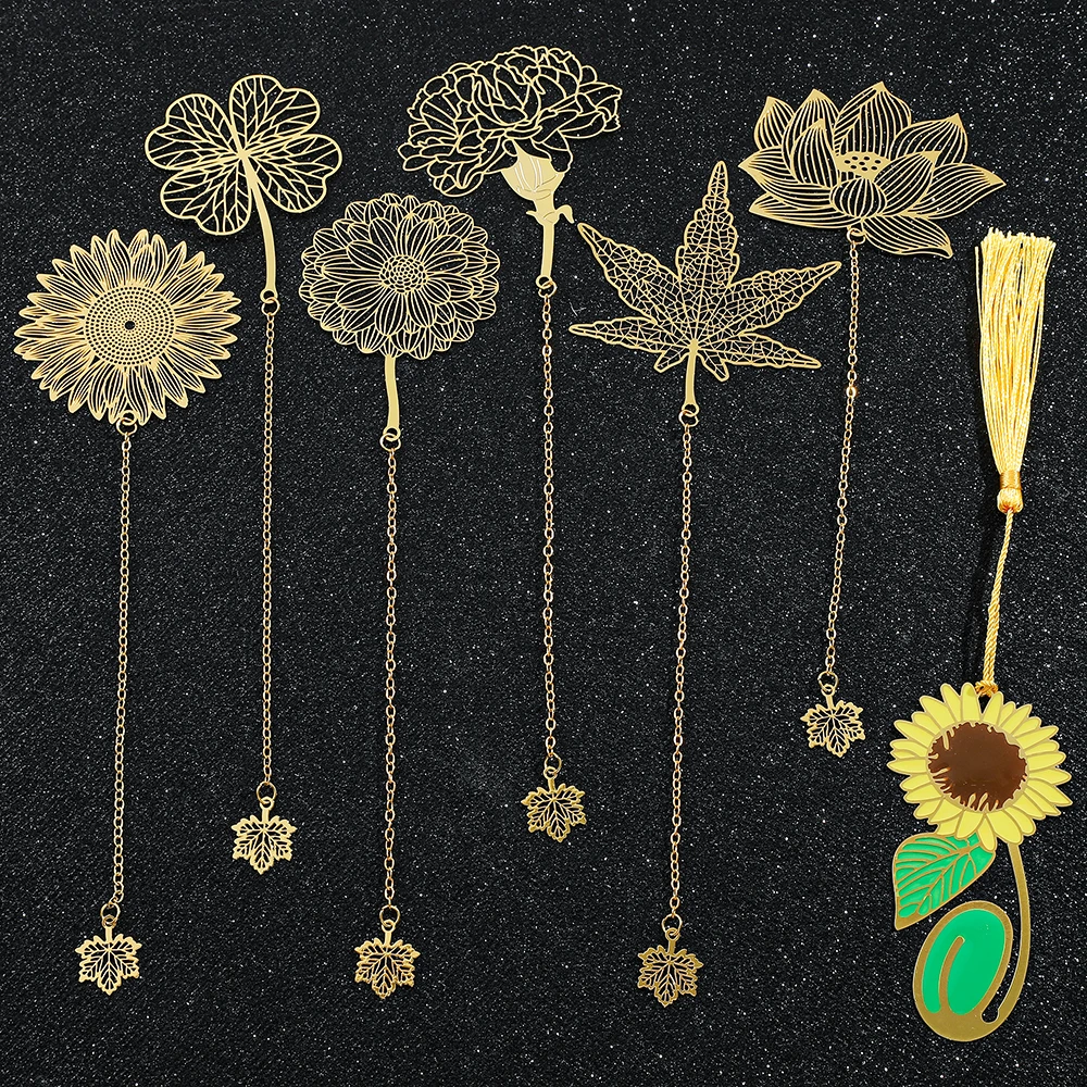 Metal Bookmark Bookmarks Stationery Supplies 1Pcs Handmade Flower Bookmark Sunflower & Lotus Brass For Book Lovers Reading Markers