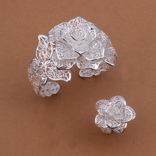 

Selling wedding jewelry charm exquisite hollow large flower bracelets ring fashion Silver color jewelry Set