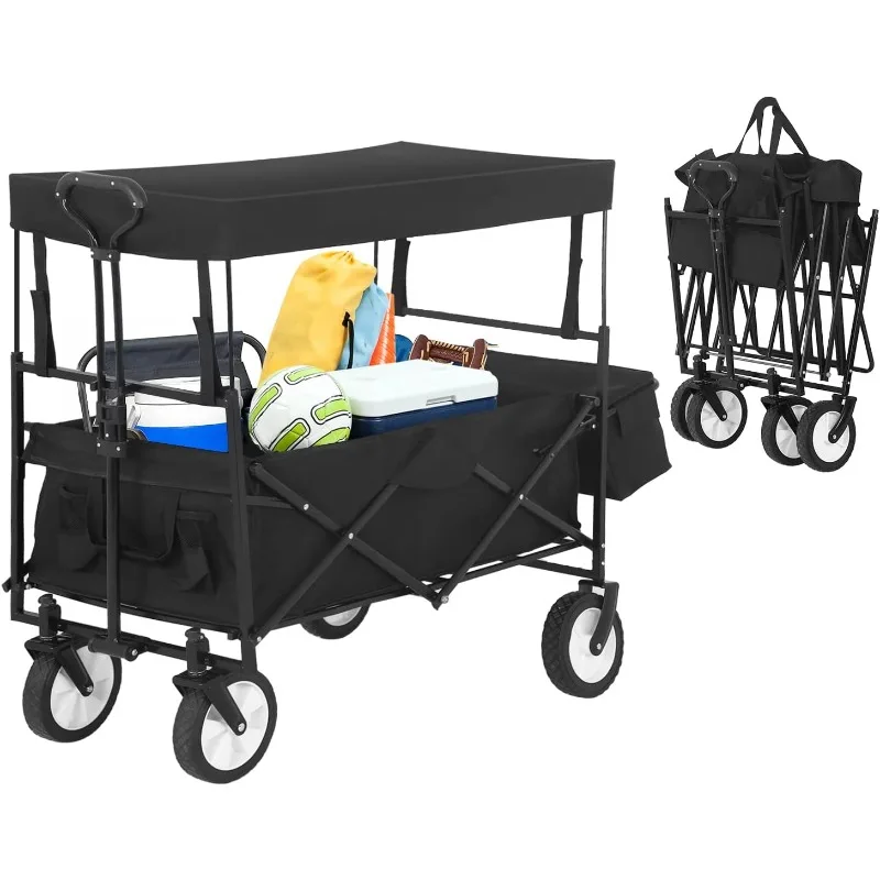 

Folding Wagon Collapsible Wagon Garden Cart w/Removable Canopy Universal Wheels for Camping Picnic Outdoor Event