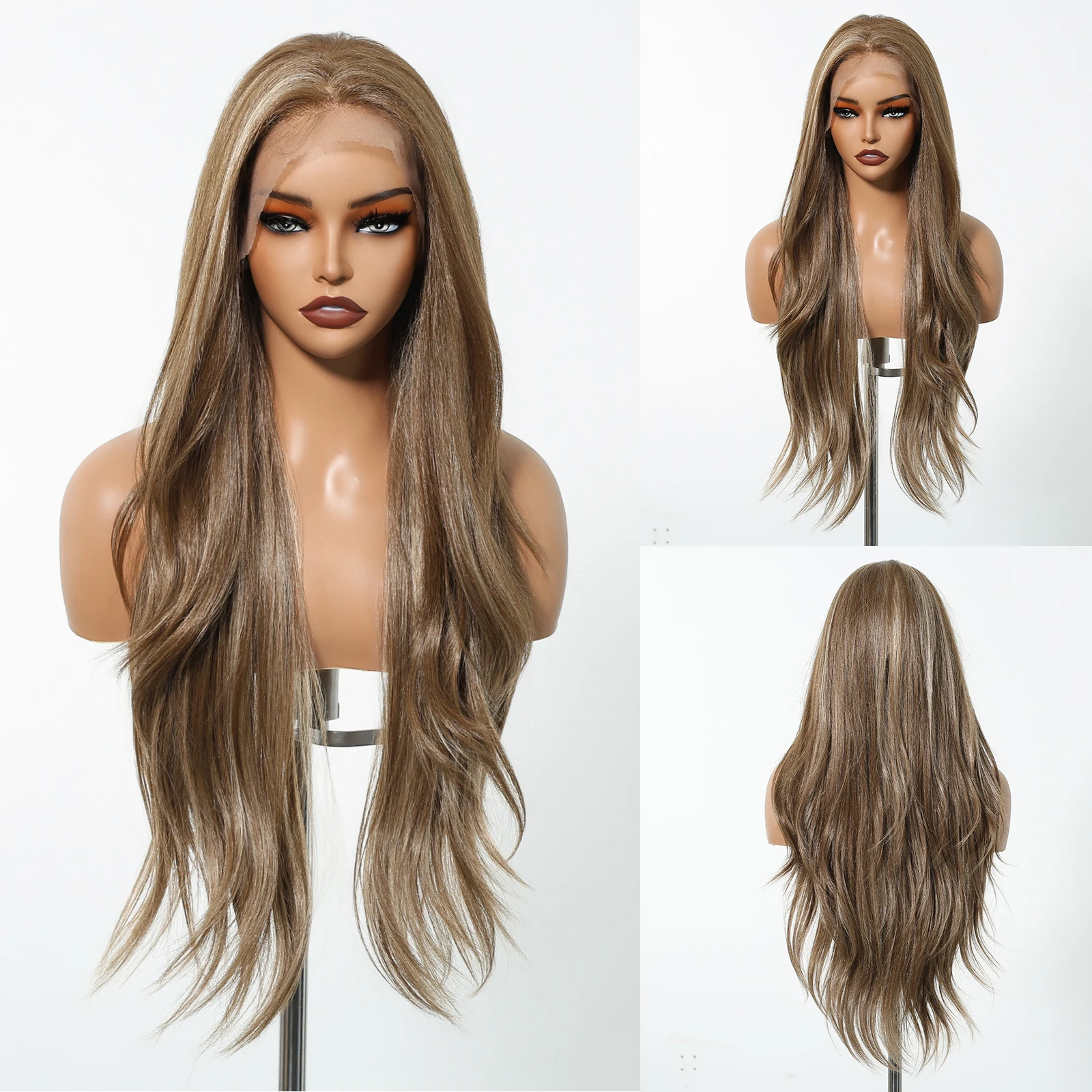 Synthetic Wig HENRY MARGU Brown Natural Synthetic Lace Front Wigs 13*6 Lace Frontal Wig Blonde Highlight Long Body Wavy Fiber Wigs for Women