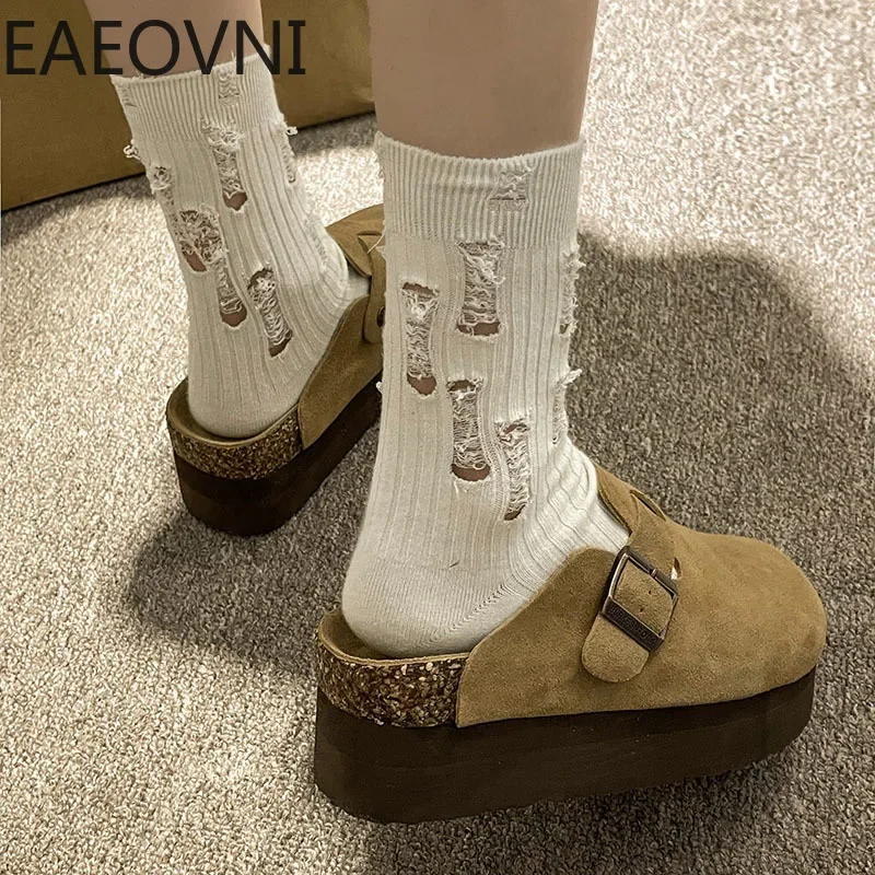 Women's Suede Mules Slippers Platform Flats Boston Clogs Sandals Fashion Outdoor Slip On Beach Sandalias