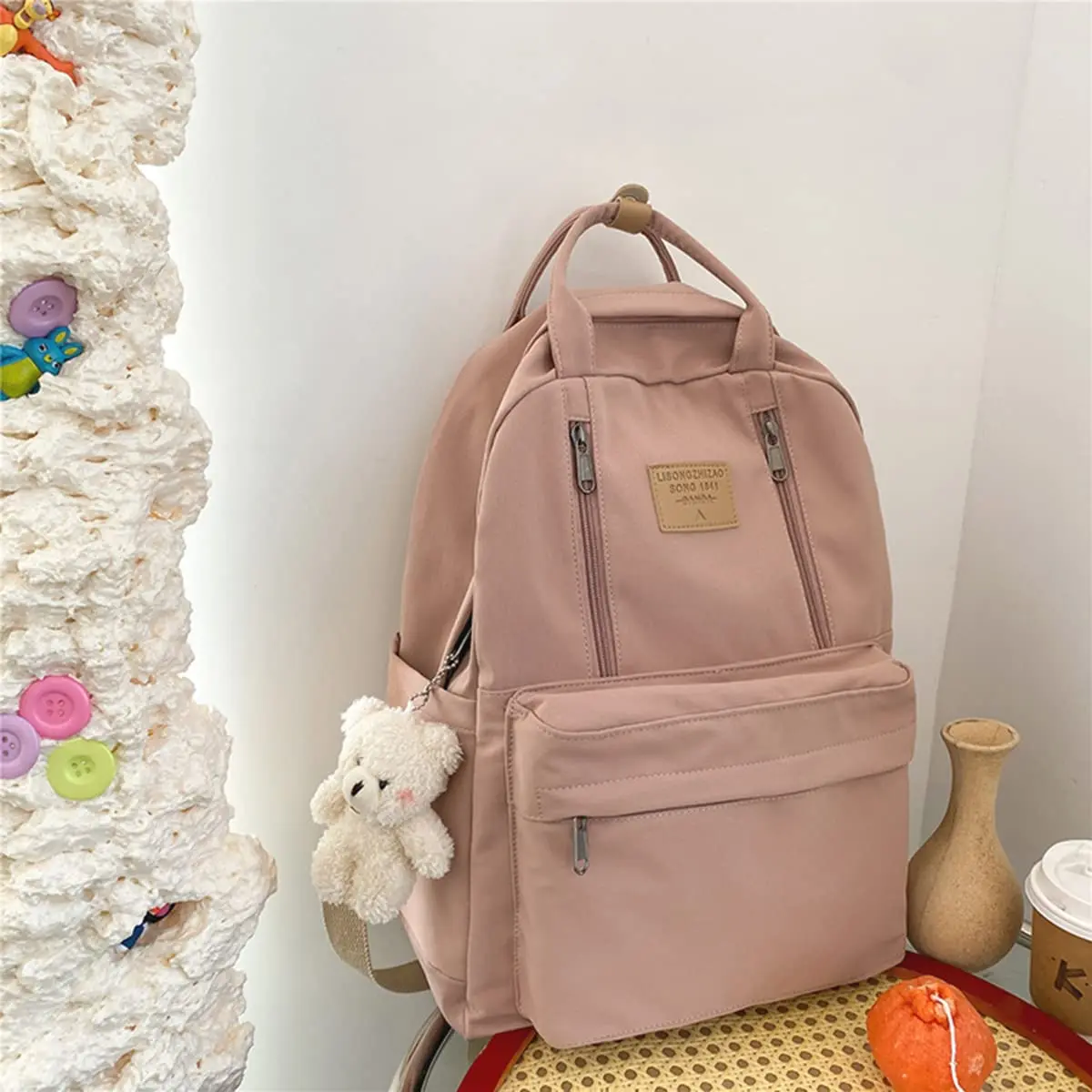Cute Backpack for School Aesthetic Backpack Purse for Women Girls Pink Book Bag Korea Style Bookbag