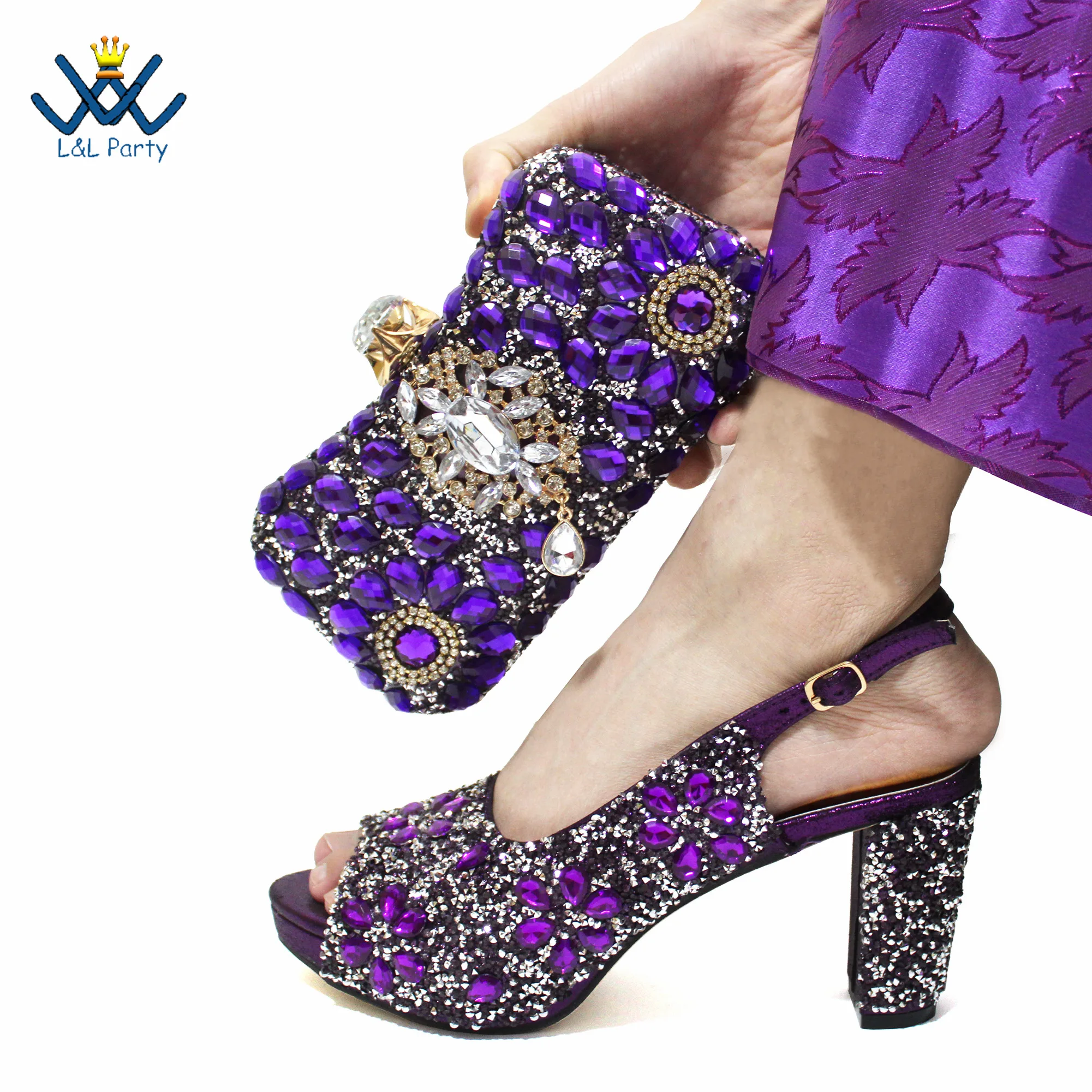 INS Hot Sale Full Crystal Shinning Shoes and Bag Set for Dress in Purple Color 2024 Fashion New Arrivals Sandals Christmas Party