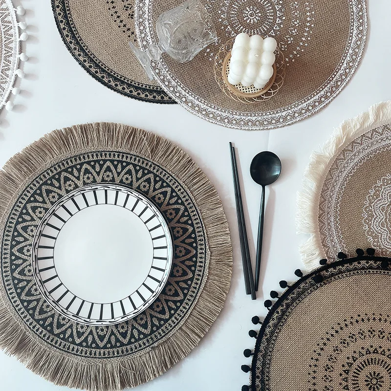 

Woven Coasters Ins Style Nordic Placemats Cotton and Linen Dining Table Insulation Pads Photography Props Round Jute