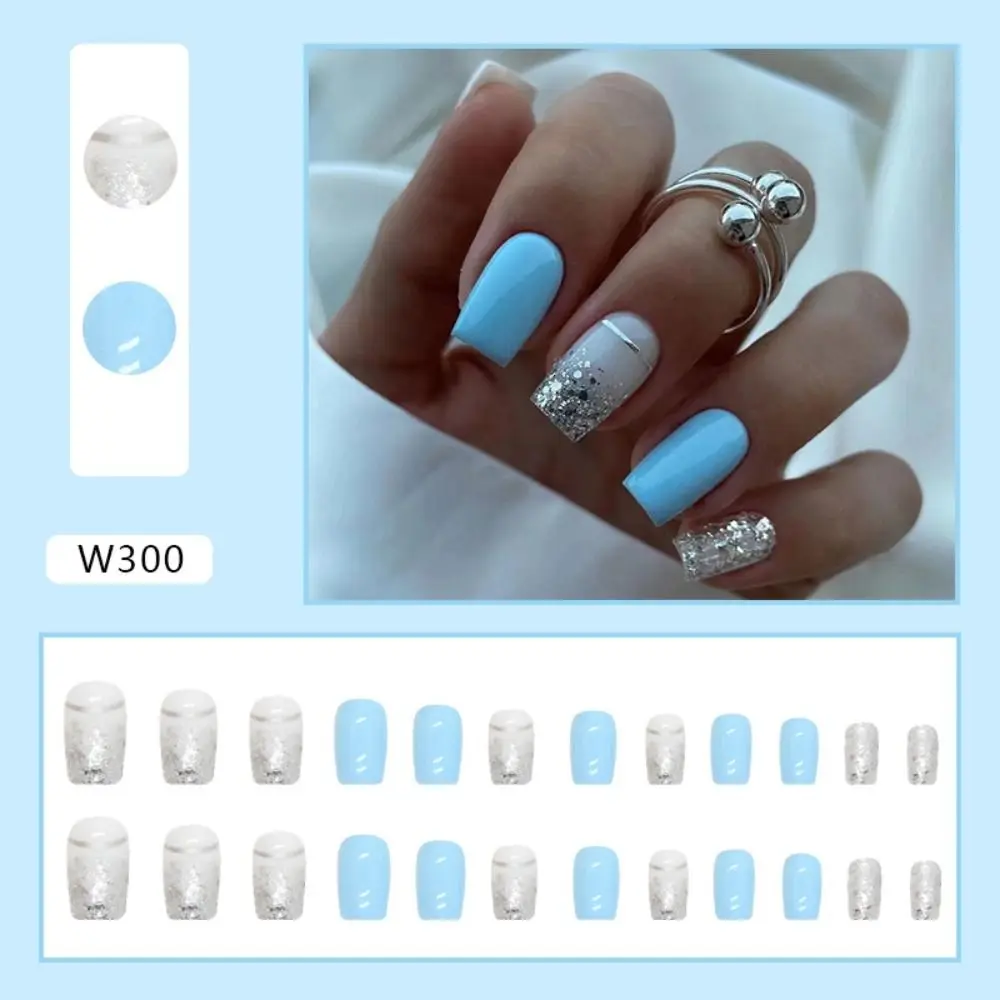 24pcs Nail Tips Press on Nails DIY Gradient Pink Blue Silver Glitter French False Nails Long Square