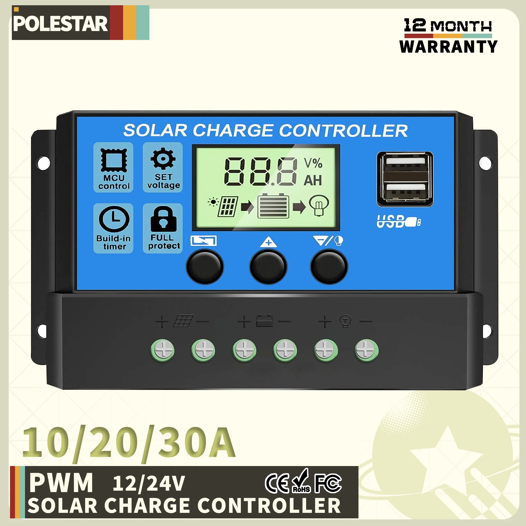 Solar Charge Controller 12V 24V PWM Adjustable LCD Display Dual USB Port Timer Setting Auto Parameter 10A 20A 30A