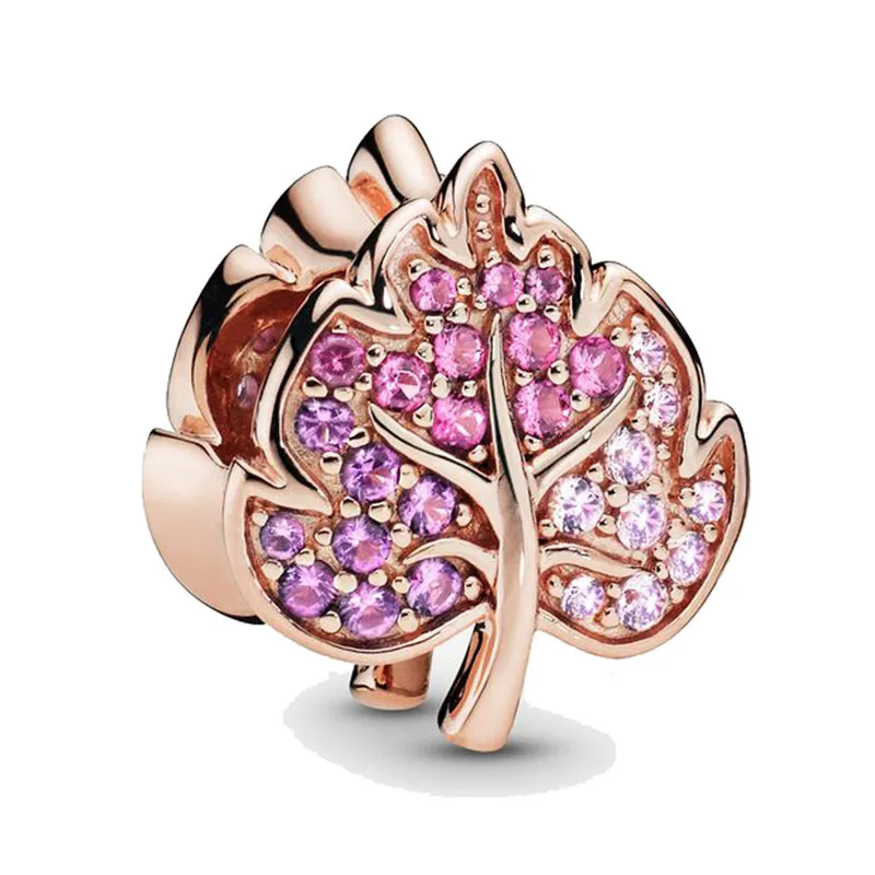 Genuine 925 Sterling Silver Bead Charm Rose Sparkling Pave Leaf Charm Fit Pan Bracelets & Necklace Women Diy Jewelry