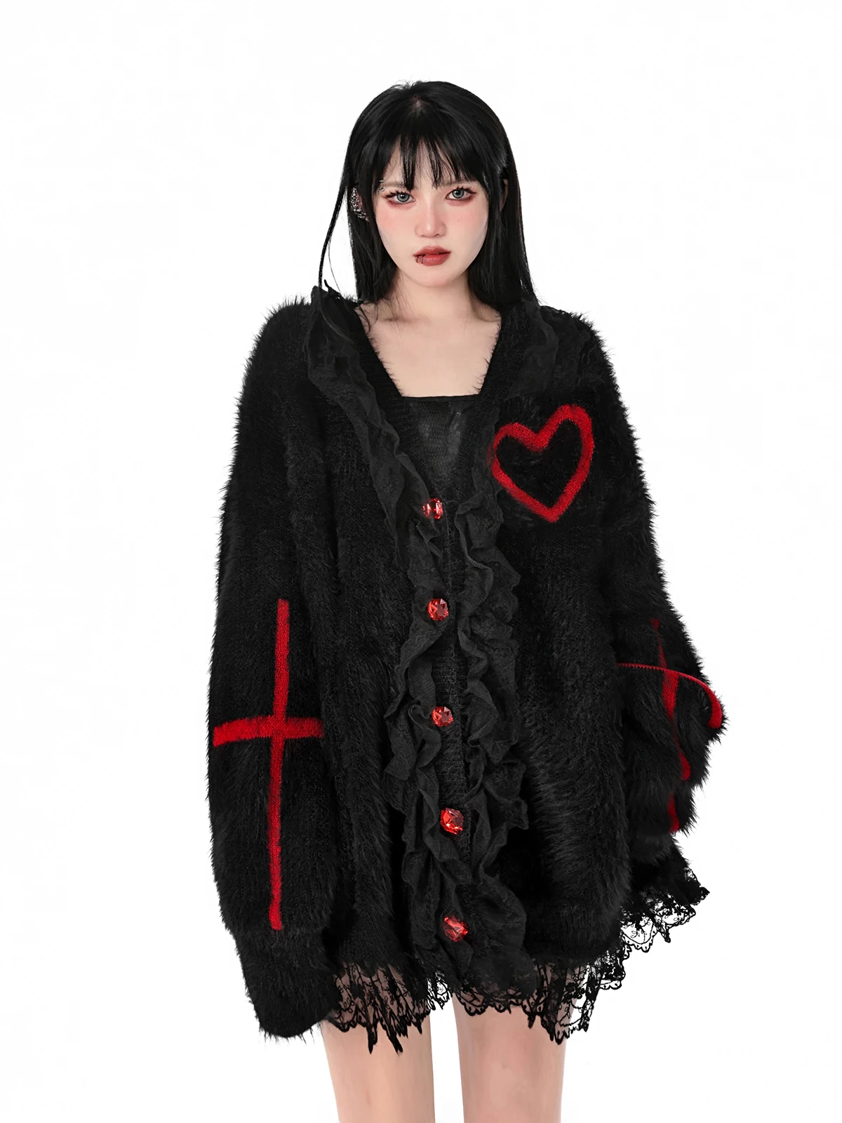 Gothic Black Y2K Cardigan Red Cross V-neck Love Buttons