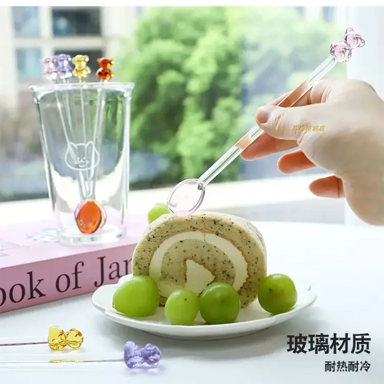 Japanese Style Milk Dessert Teddy Bear Spoon Colorful Transparent Glass Spoon Long Handled Coffee Stirring