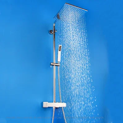 

Shower Faucets Brass Chrome Wall Mount Bathroom Thermostatic Rain Shower Head Square Handheld Slide Bar Bath Mixer Tap