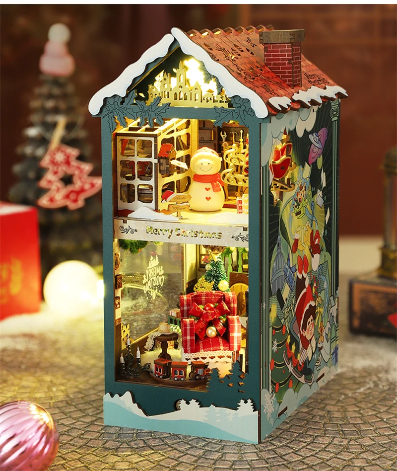 Description Picture 3 of itemNEW Merry Christmas DIY Wooden Book Nook Shelf Insert Miniatures Kits Bookshelf Home Bookend Decoration For Adult Handmade Gifts