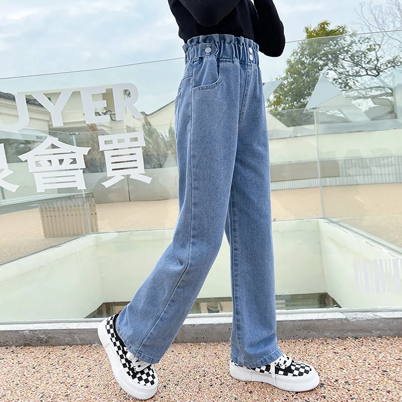 Girls Jeans Spring Streetwear Baggy Jeans For Teenage Girl Fashion Loose Wide Leg Children Light Blue