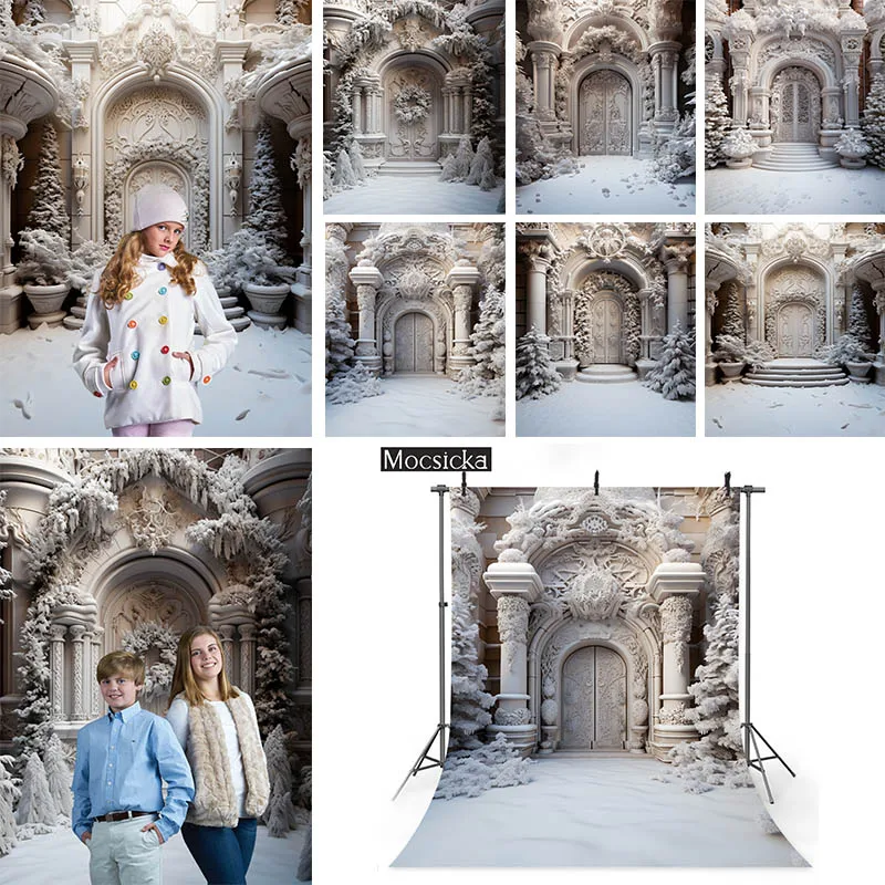 

Mocsicka Winter White Snow Scene Photography Background Royal Palace Gate Kids Adult Portrait Photo Backdrop Studio Photocall