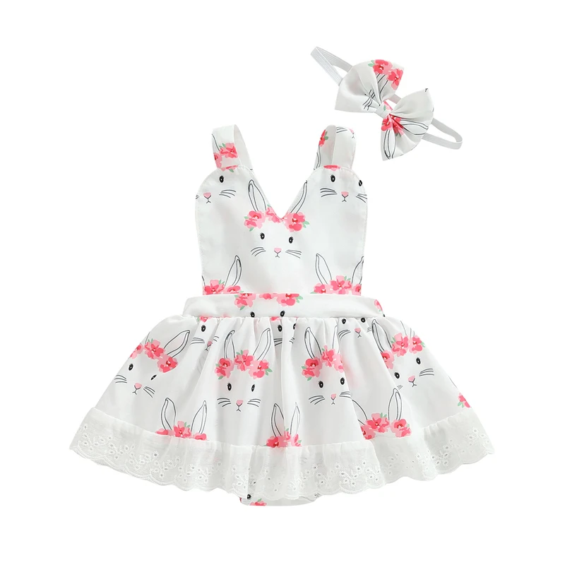 

Easter Infant Girls Romper Dress Rabbit Print Halter Neck Sleeveless Lace Trim Ruffles Skirt Hem Baby Bodysuits with Headwear