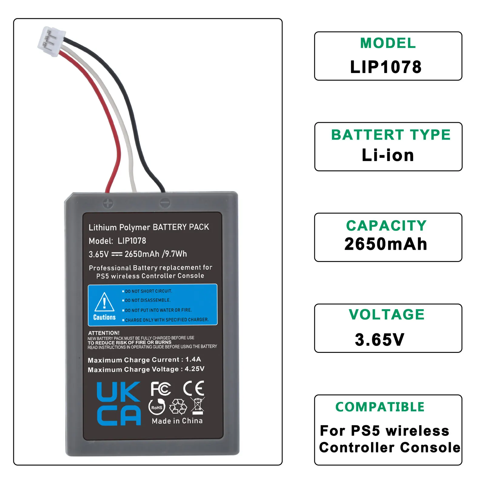 Bateria kontrolera PS5, 2650mAh LIP1708 wymiana bateria do Sony Playstation 5 DualSense cfi-zct1w kontroler bezprzewodowy