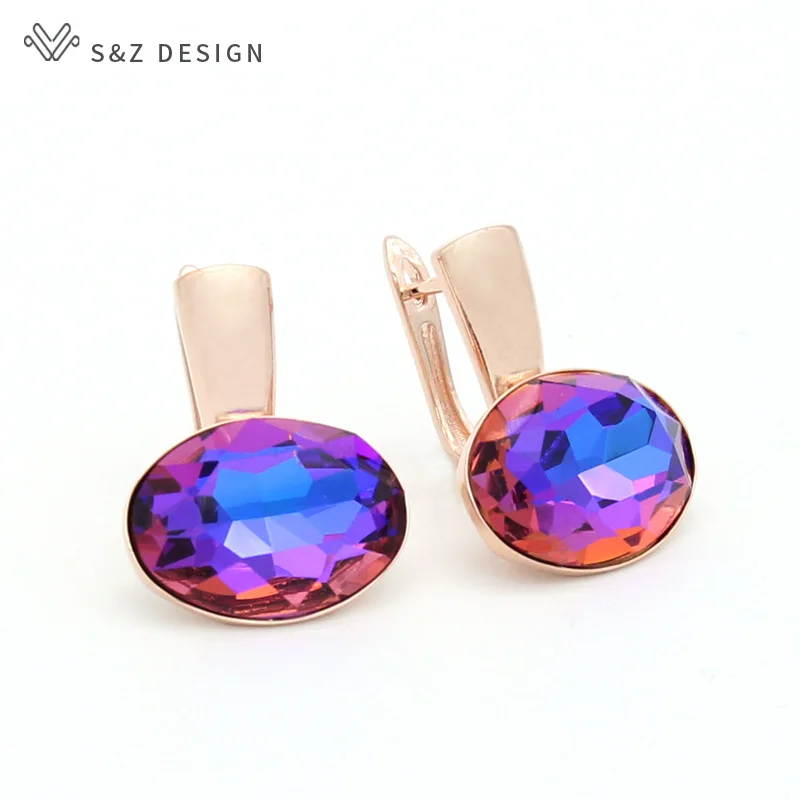 S&Z DESIGN New Fashion Elegant Luxury Oval Crystal Dangle Earrings For Women Wedding Party Jewelry 585 Rose Gold Color Eardrop