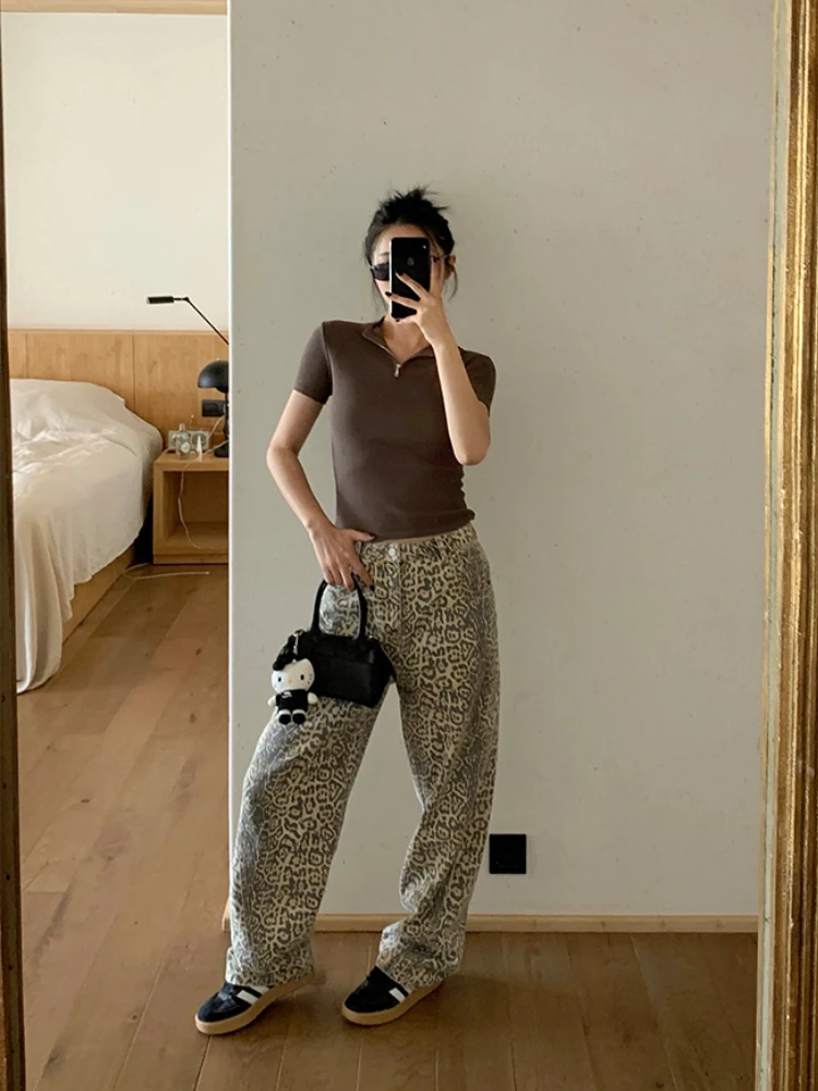 Y2K Leopard Print Jeans Women Harajuku Streetwear Retro Wide Leg Denim Pants Oversized Vintage 90s Hip Hop Trousers Autumn