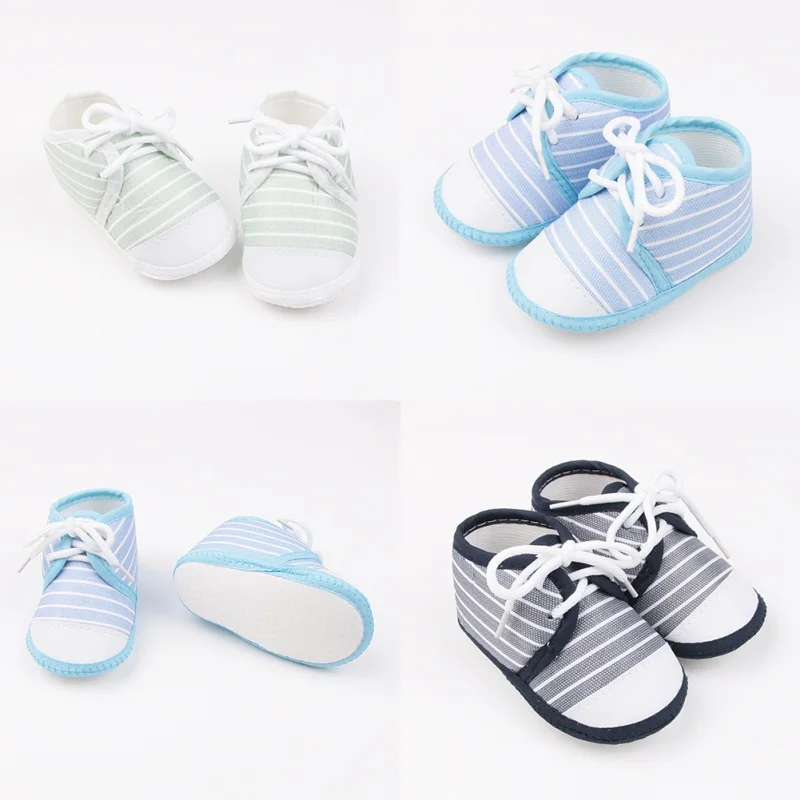Spring Summer 0-1 Year Old Baby Single Shoes Stripe Lace up Cloth Shoes Soft Sole Newborn Infant Walking Shoes 4