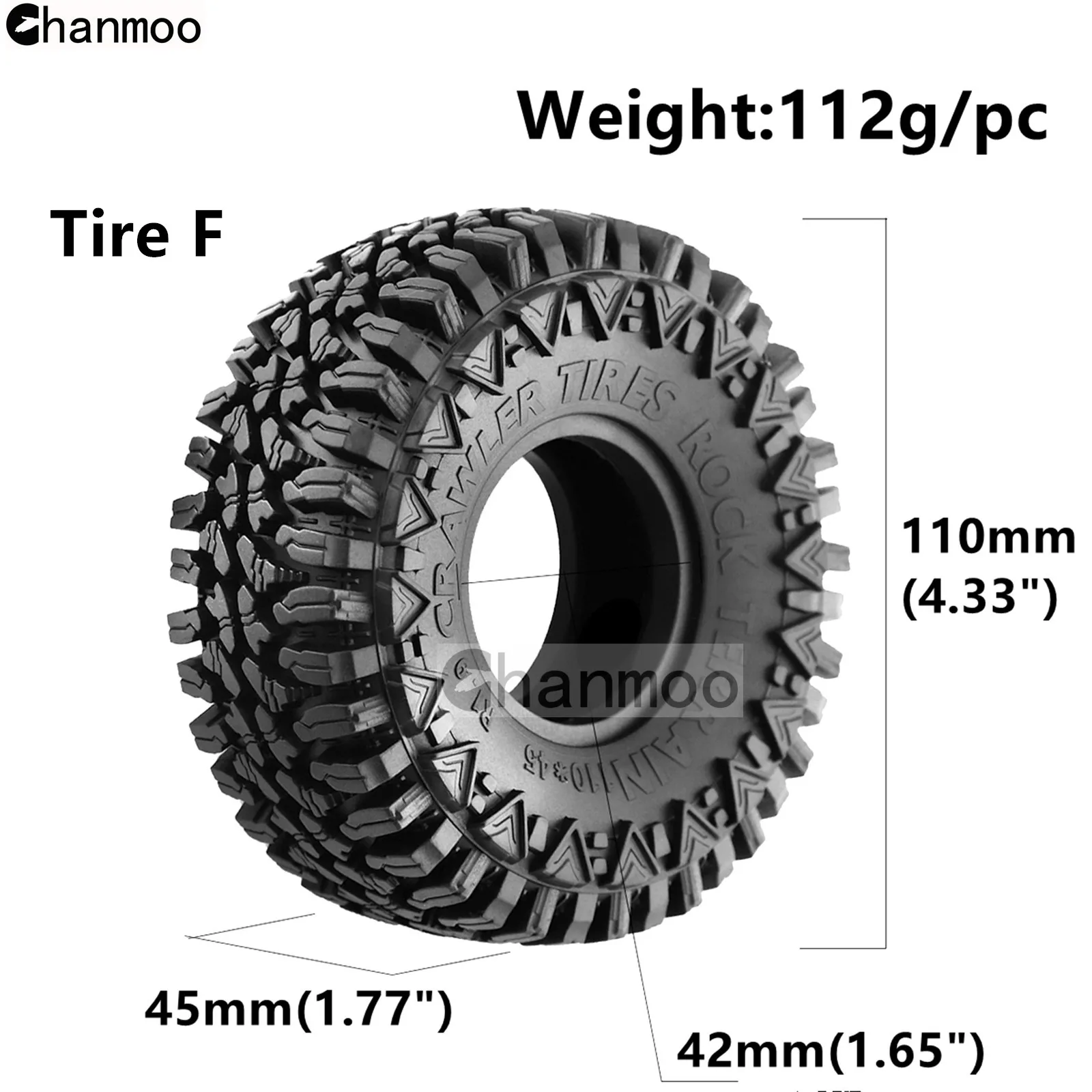 Chanmoo 1/10 RC 자동차용 크롤러 타이어, 락 휠 머드 타이어, 축 Traxxas SCX10 II III TRX4 RC4WD D90 YK4102 Gen8 Redcat, 1.9in