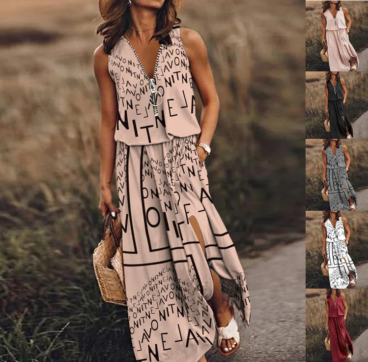 Women's Dresses Spring and Summer Fashion New Sleeveless Casual Long Dresses Zipper Letter Print Dresses Female