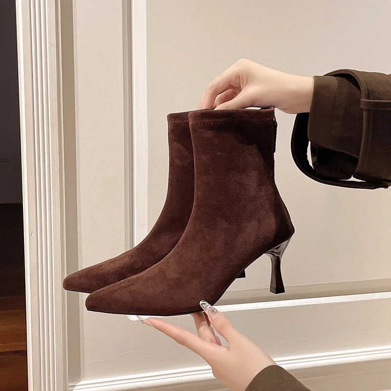 Aphixta 7cm Thin Heels Woman Ankle Boots Back Zipper Pointed Toe Woman Autumn Winter Shoes High Heels Modern Boots Big Size 42