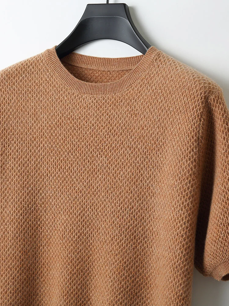 Men's Wool T-shirt Short Sleeve Spring Summer O-neck Pullover Merino Wool Knitwear Casual Cashmere Jacquard