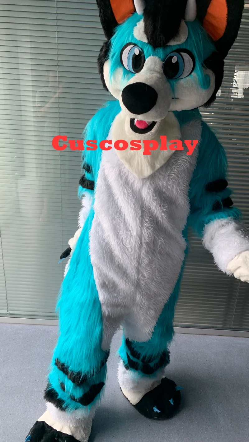 Azul longo peles fursuit peludo husky cão lobo raposa mascote traje adulto  halloween carnaval fantasia festa adereços cosplay presentes de aniversário  - AliExpress