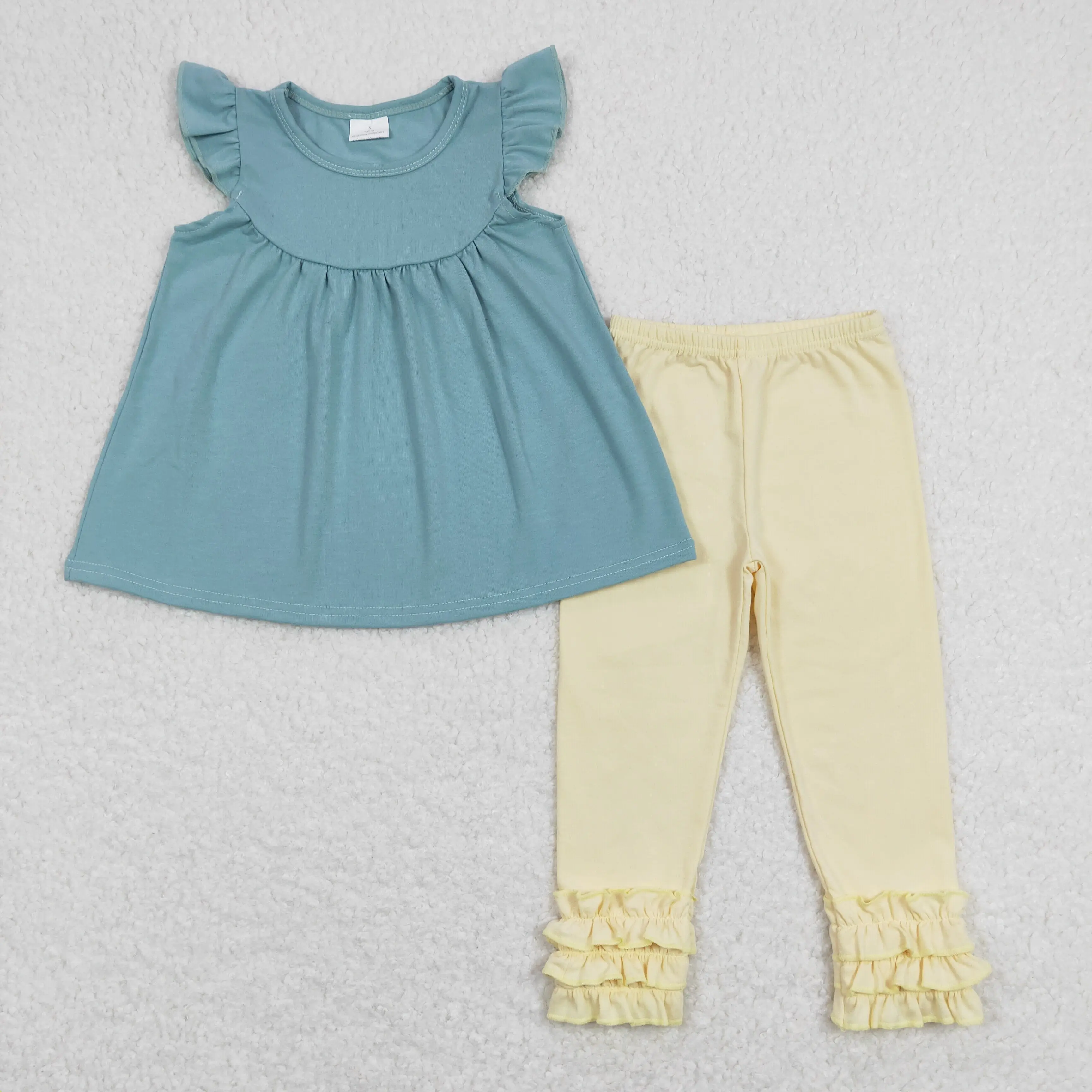 

wholesale western children's clothing baby girls clothes Solid blue and green flying sleeve top and beige lace trousers suit