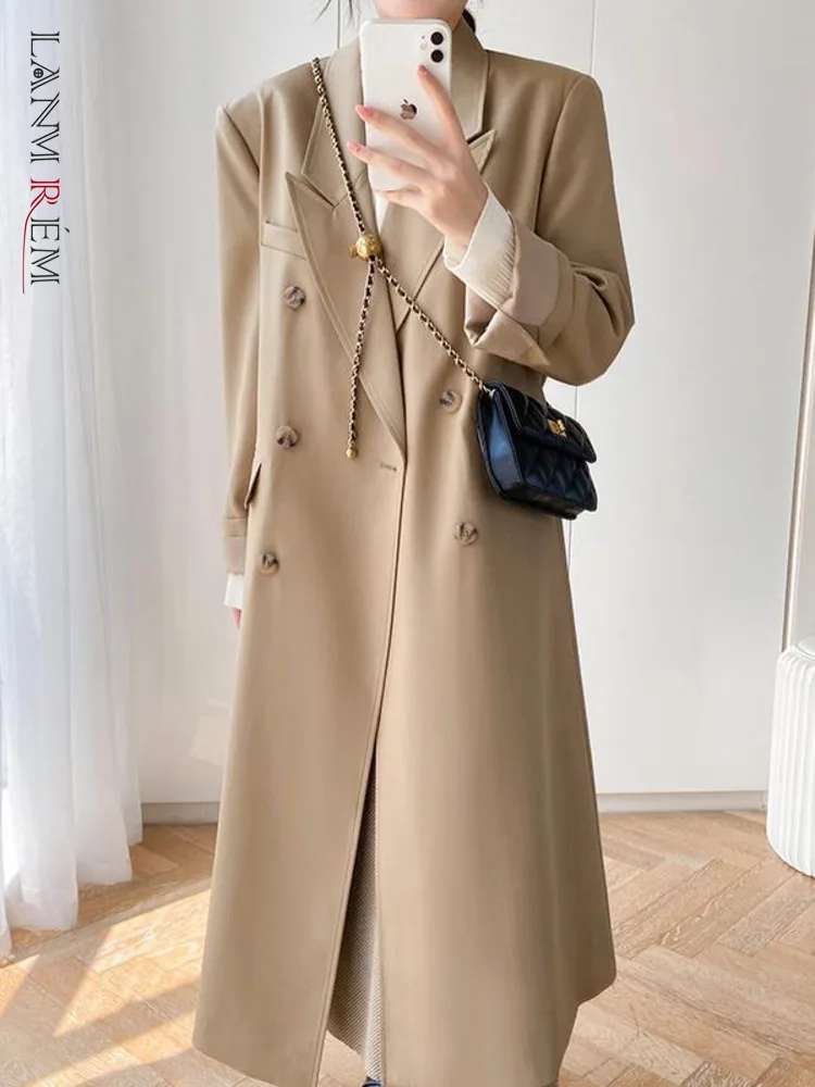 

LANMREM хаки Пальто для женщин Зубчатый двубортный длинный рукав средней длины ветровка 2024 Весна Новая мода 2DA3276