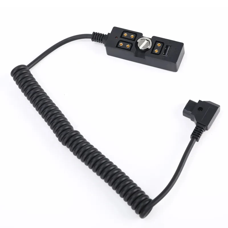 DF ZZ20 0.5-2m Coiled Male D-TAP to 3 Port Female D-Tap with USB-A 2.0 Splitter with 1/4"-20 Screw
