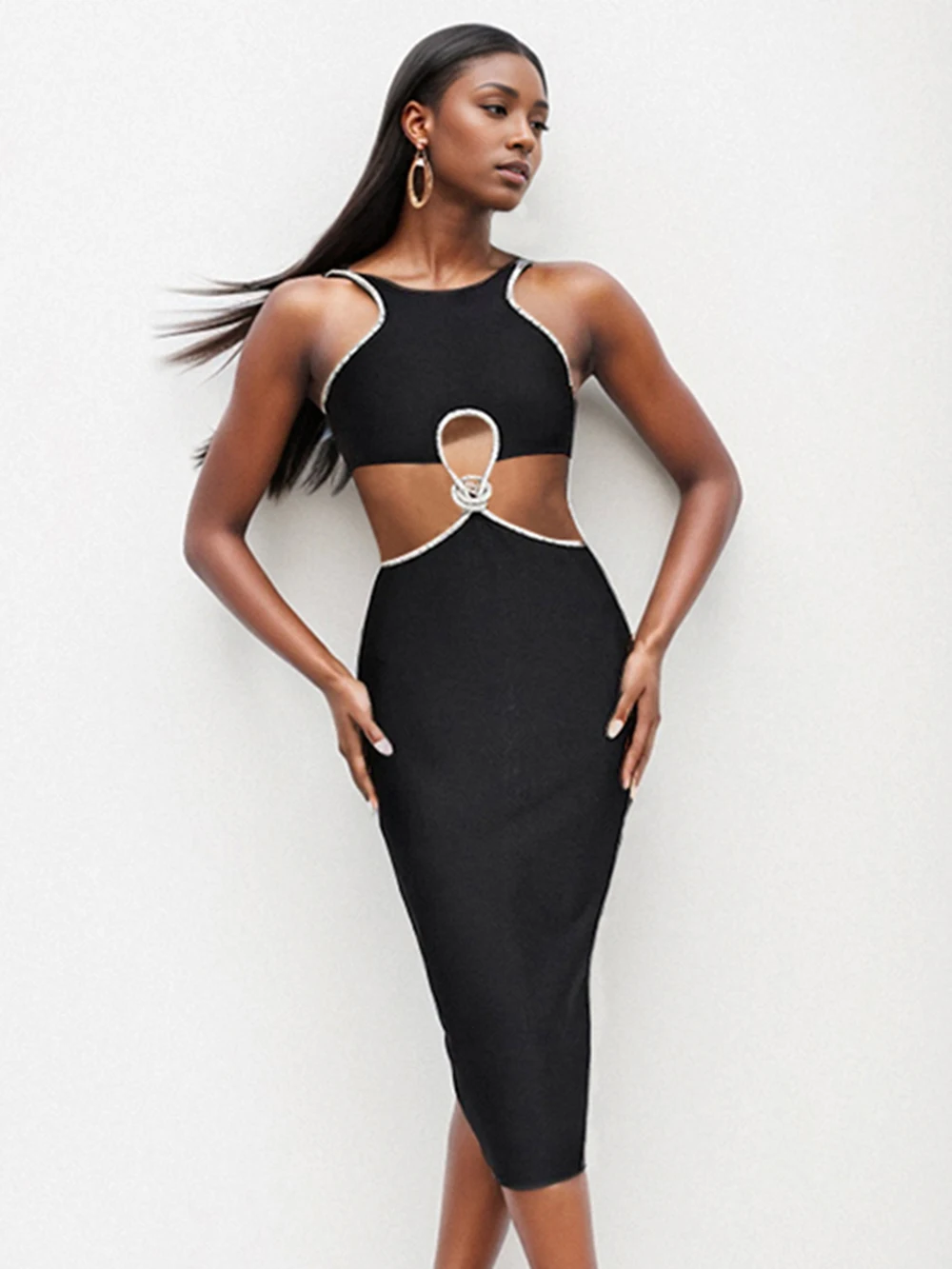 

Modphy Ladies Black Sexy Hollow out Diamond Bodycon Backless Celebrity Nightclub Party Sleeveless Sexy Midi Bandage Dress