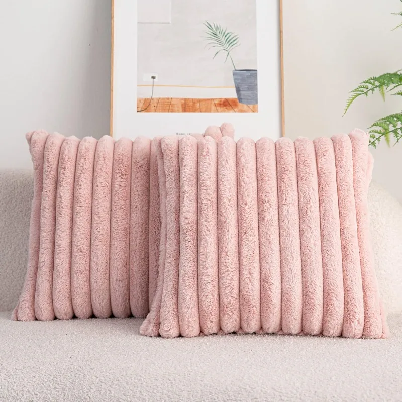 Luxurious Faux Rabbit Fur Striped Cushion Cover – Super Soft Solid Color (24×24 inch)