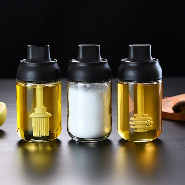 Spice Jar With Spoon Salt And Pepper Shakers Sauce Vinegar Glass Oil Brush  Bottle Honey Sugar Jar Kitchen Seasoning Organizer - Herb & Spice Tools -  AliExpress