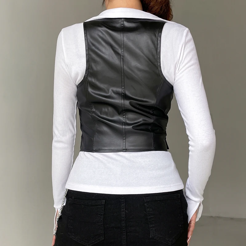 90s 00s y2k Vintage Pu Leather Waistcoat Tank Top Punk Style Harajuku  Button Sleeveless Skinny Crop Top Vest Women Streetwear