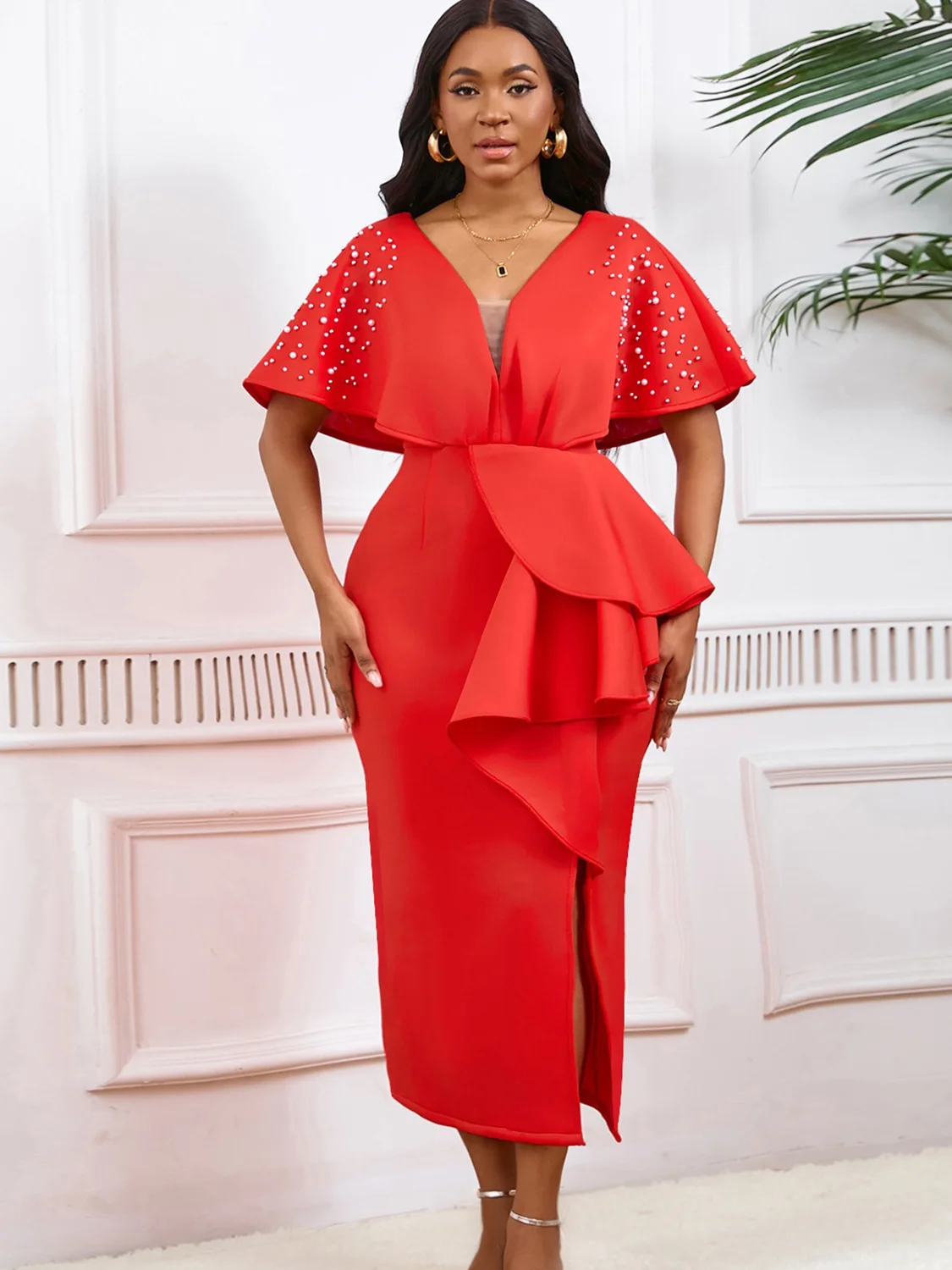 

Women's 2024 summer new fashion V-neck ruffled slit beaded party dress temperament banquet dress