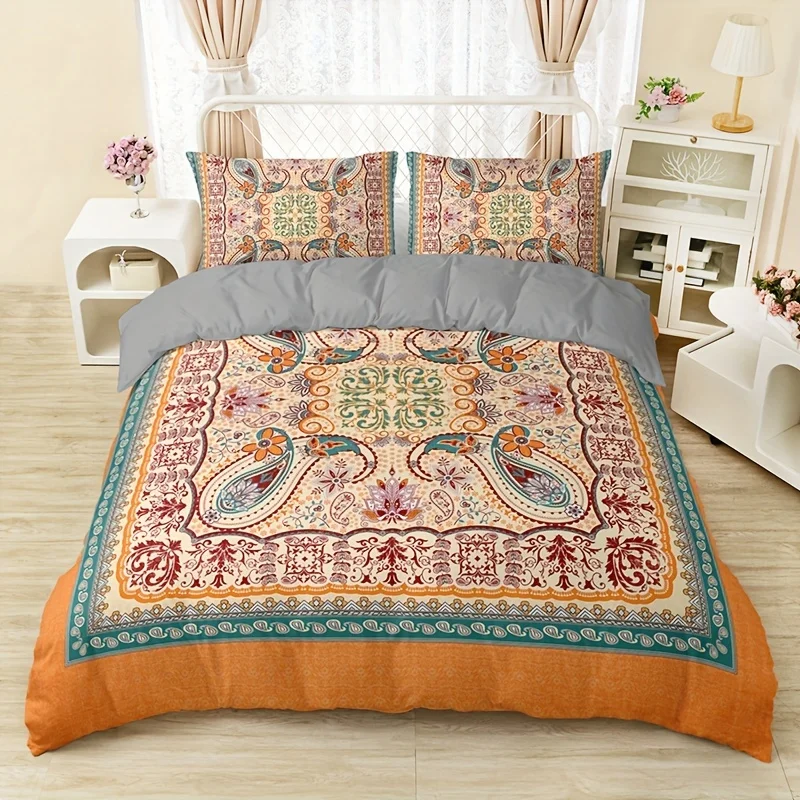 3Pcs Vintage Paisley Bohemian Duvet Cover Set, Soft Comfortable Breathable Bedding with Pillowcases for Bedroom Guest Room Decor